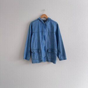 Vintage Bill Blass Hooded Denim Chore Utility Zippered Jacket - Medium